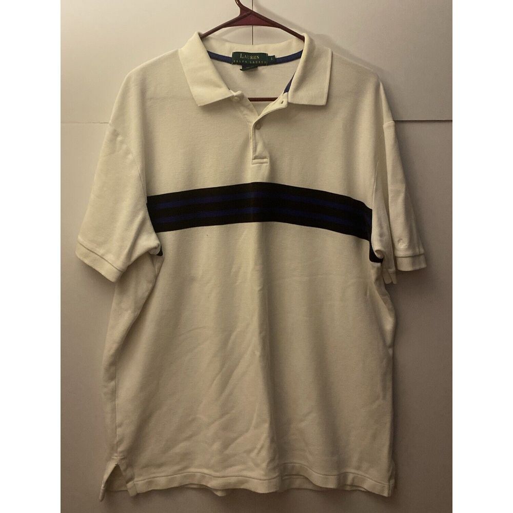 Lauren Ralph‎ Lauren Green Label Polo Shirt White Blue Striped Sz L
